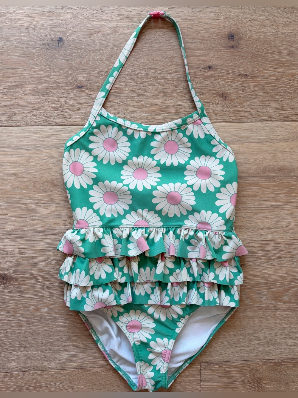 Mini Boden Girls Daisy Ruffle One Piece Swimsuit Green Pink Floral Size 9-10Y*T2